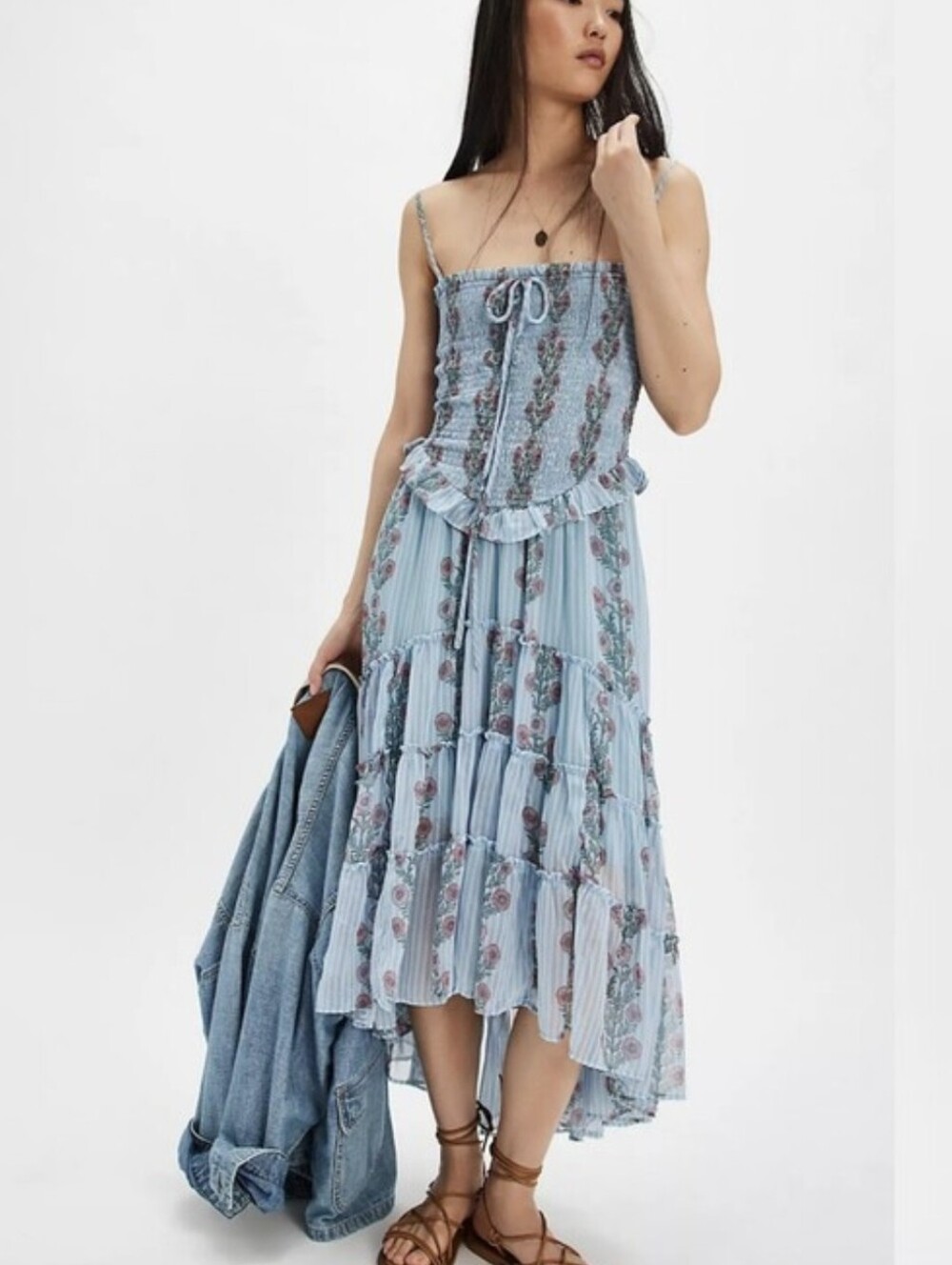 Free People Light Blue Floral High-Low Tiered Dress L